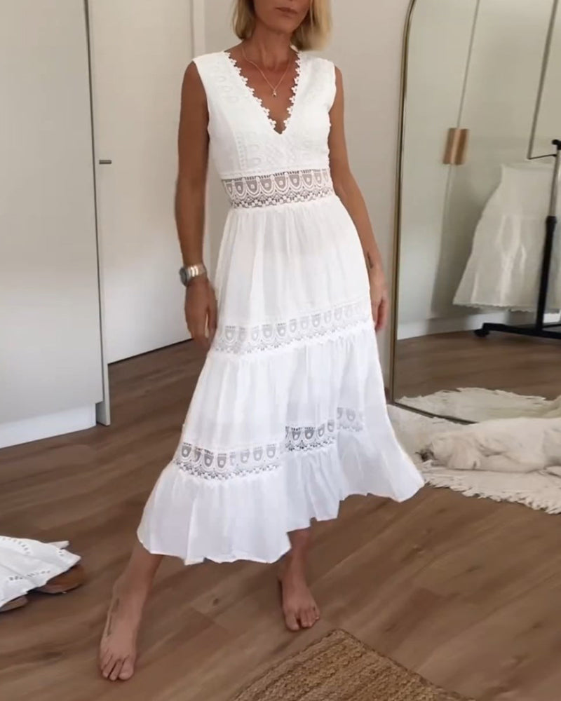 Königsallee Atelier™ | Ärmelloses Midikleid im Boho-Stil mit Spitzendetails