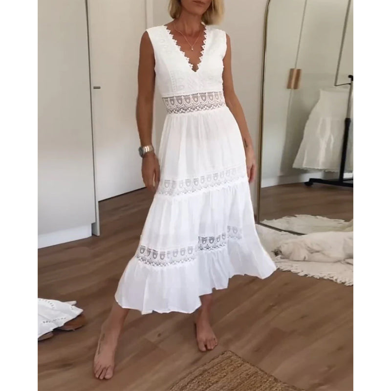 Königsallee Atelier™ | Ärmelloses Midikleid im Boho-Stil mit Spitzendetails